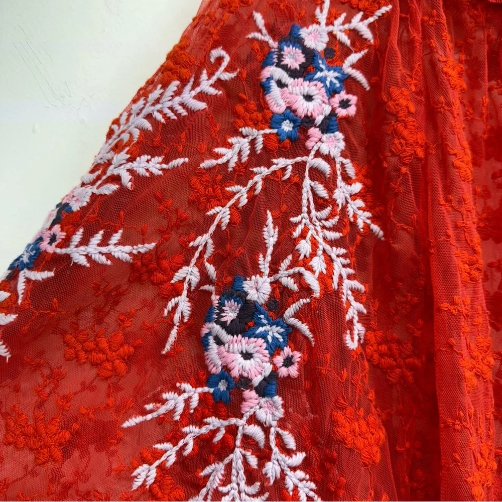 Free People size Large Women's Red Jubilee Floral Embroidered Sheer Lace Top